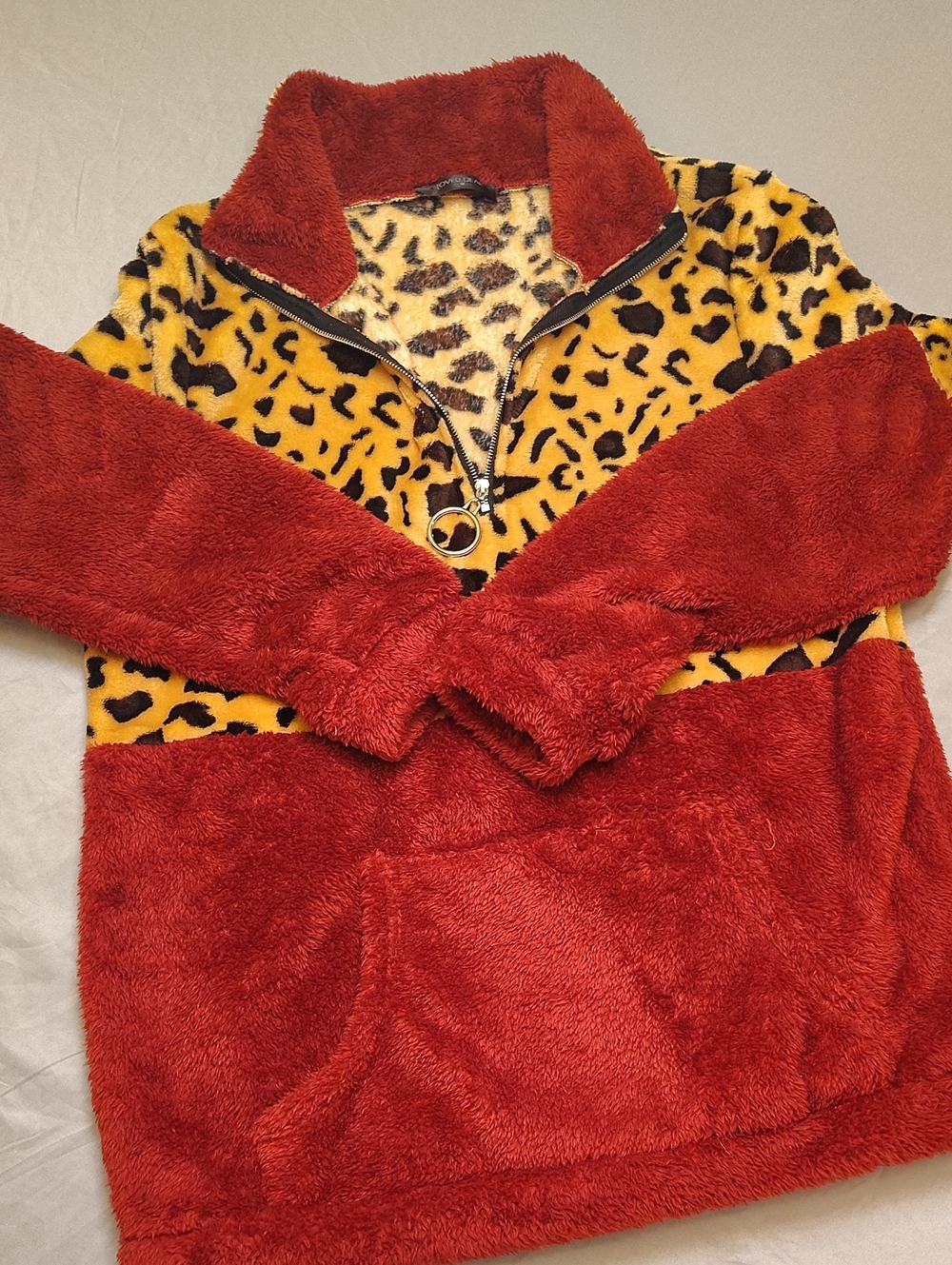 Cozy Half-Zip Teddy Jacket in Red with Leopard Accent